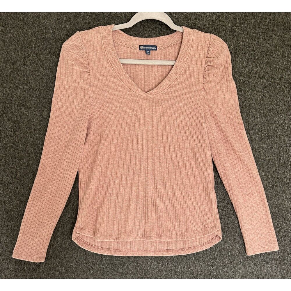 Democracy Ribbed V-Neck Long Sleeve Puff Shoulder Top - Pink Mauve, Size M